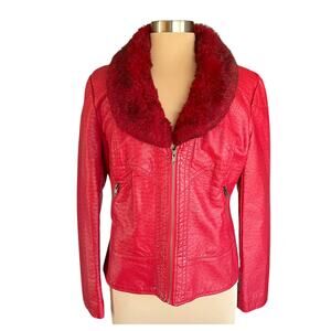 V Cristina Red Bomber Jacket Womens LARGE Faux Alligator Fur Collar Moto Style